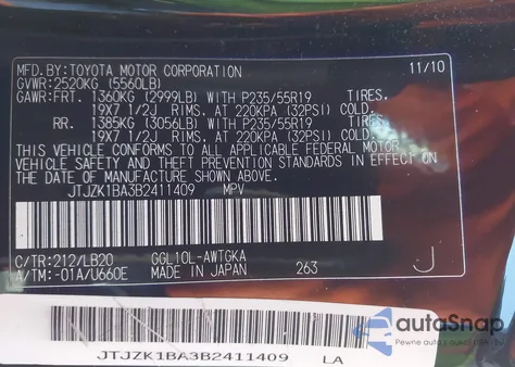 2011 Lexus Rx 350 z USA, uszkodzony, nr VIN JTJZK1BA3B2411409